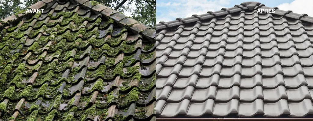 Photo d'une toiture avant et après démoussage